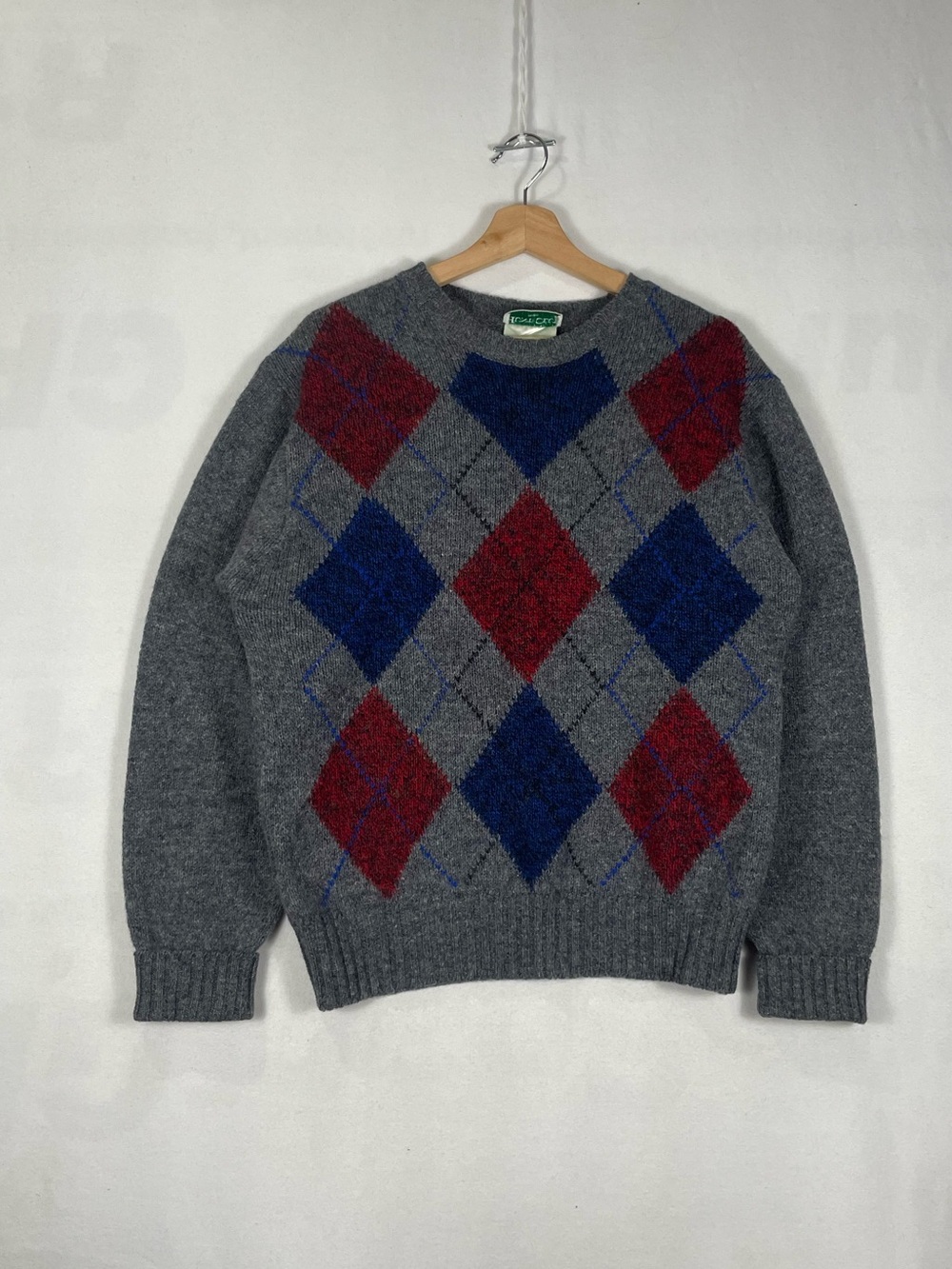 Vintage Hunt Club 100% Shetland Wool Argyle Sweater Gray Made In Ireland Sz S